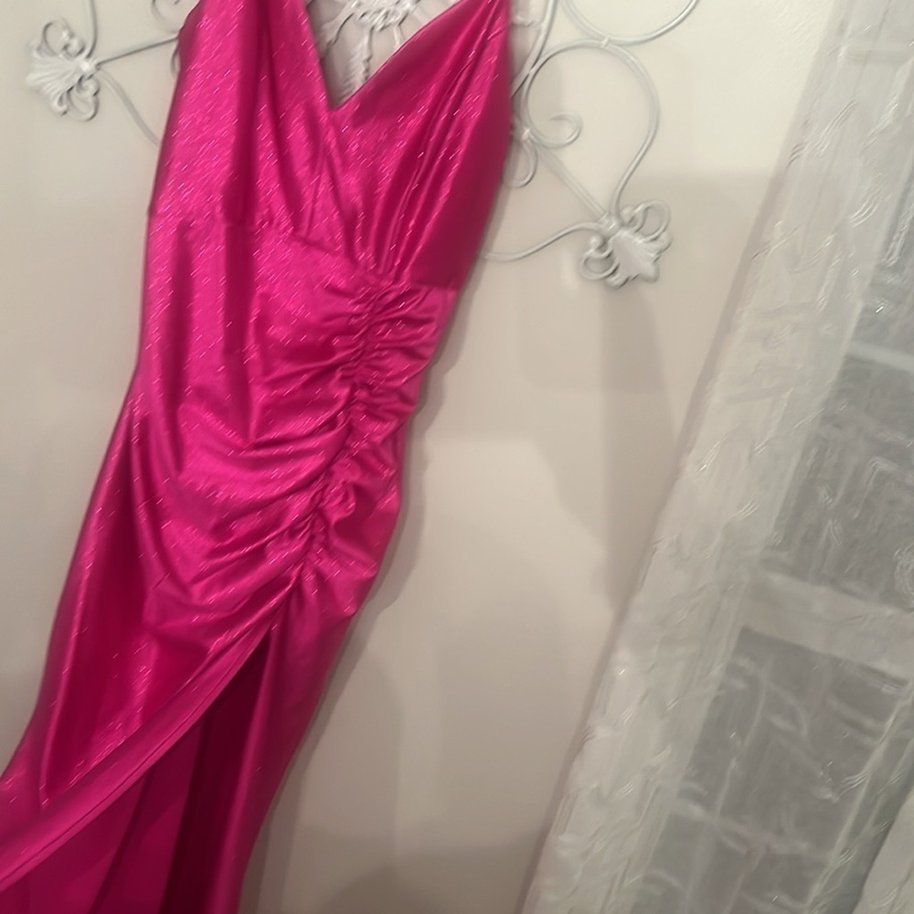 Honey and Rosie Spag Strap V-Neck Ruched Slit Glitter Satin Long Dress size XL - Picture 9 of 13